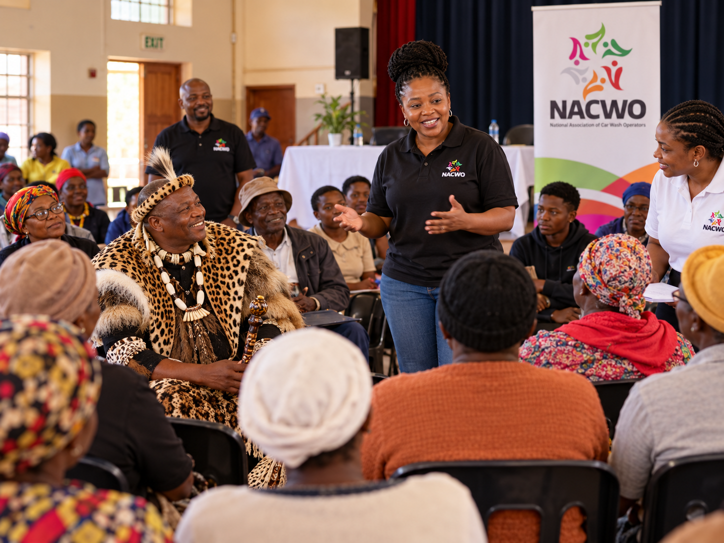 NACWO community gathering in a local hall with many community members, a traditional leader, branded staff and a NACWO banner